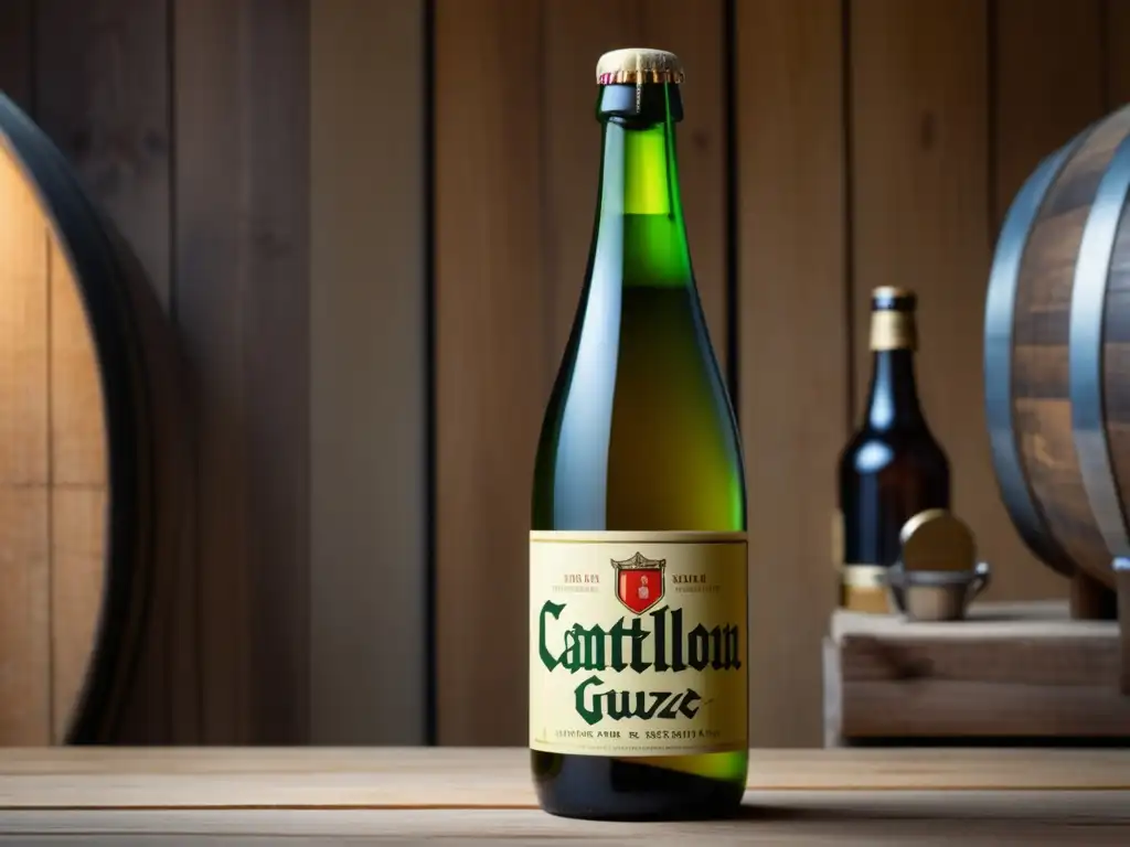 Botella Cantillon Classic Gueuze de 8k, en mesa de madera rústica, con luz natural