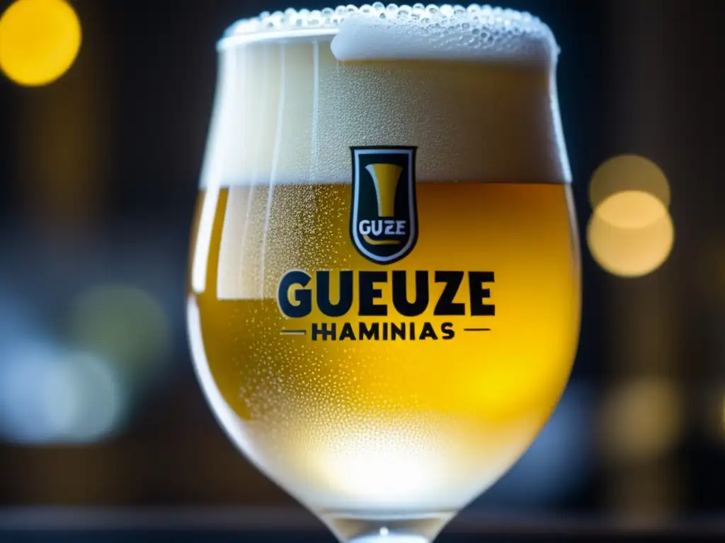 Copa de cerveza Gueuze tradicional, dorada y efervescente, con espuma blanca y burbujas intrincadas