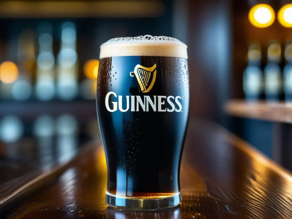 Un pint de cerveza Guinness en un bar de madera, con condensación en el vidrio