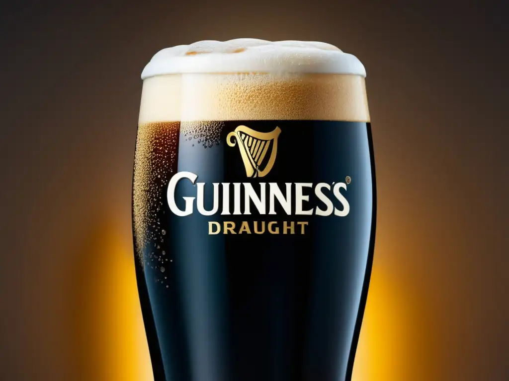 Imagen detallada de cerveza Guinness Draught vertiéndose en copa elegante con espuma cremosa