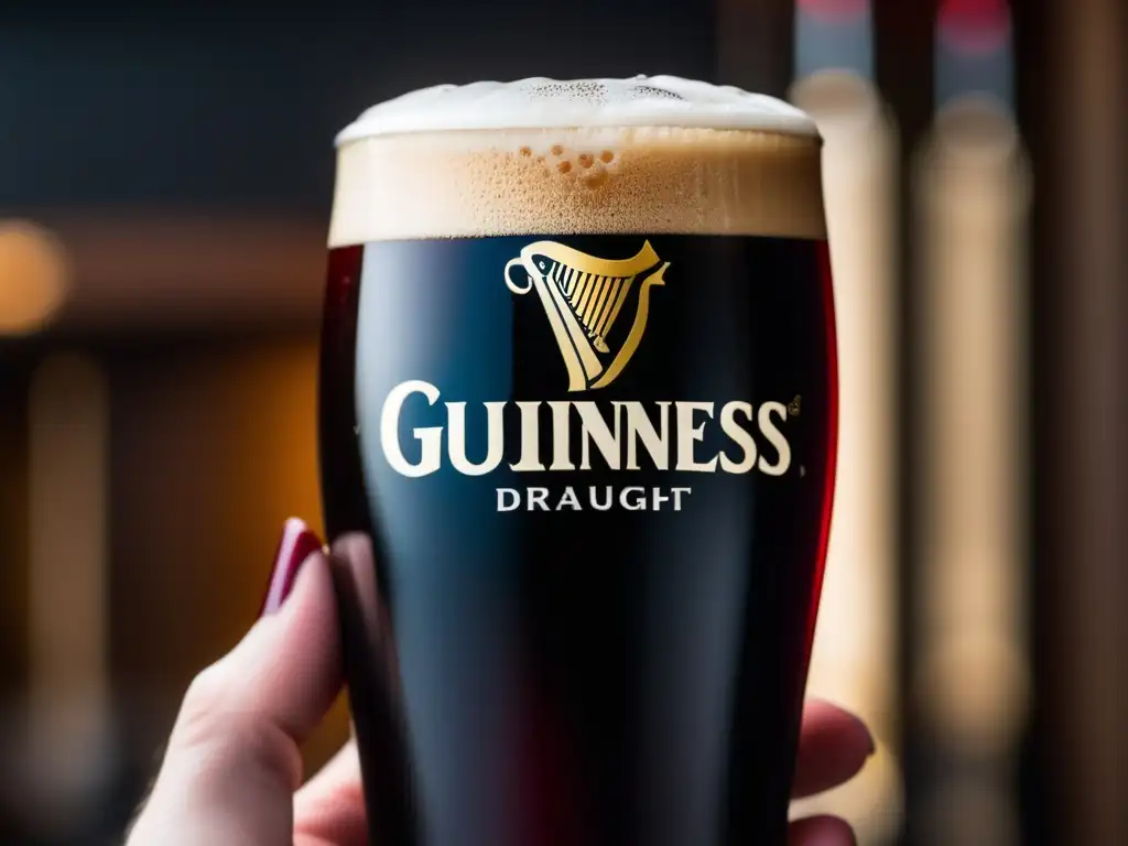 Pint of Guinness Draught beer, color rubí oscuro, cabeza cremosa, burbujas ascendentes, elegante textura y apariencia aterciopelada