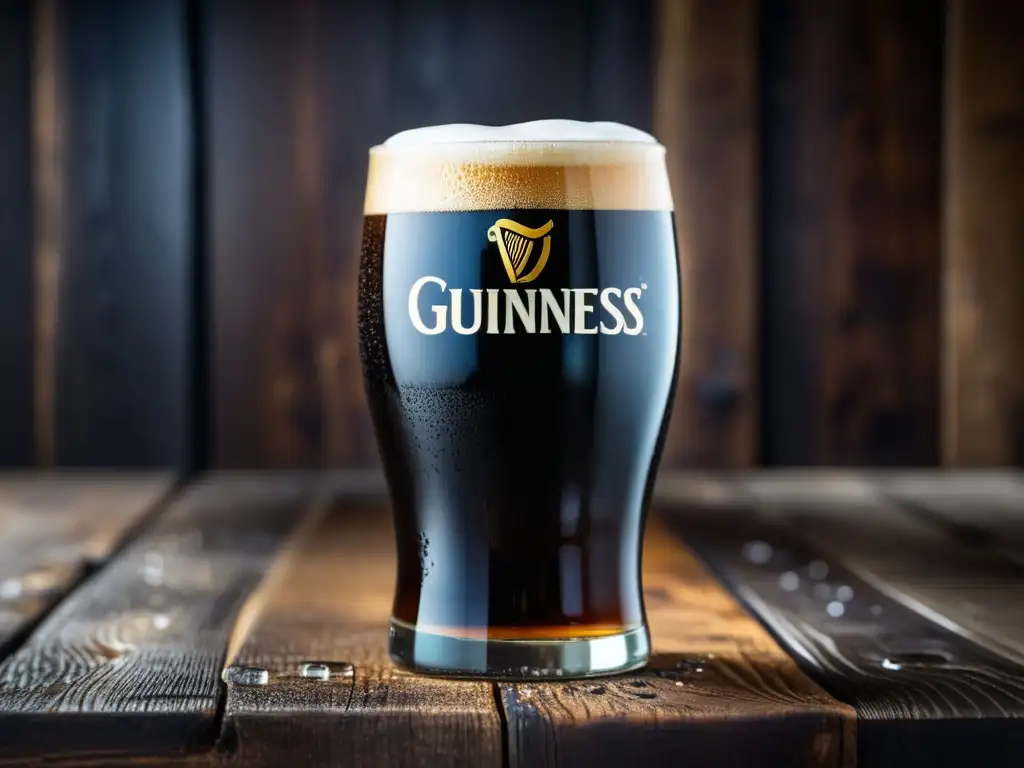 Pint glass of Guinness Draught, filled with dark stout on a rustic table