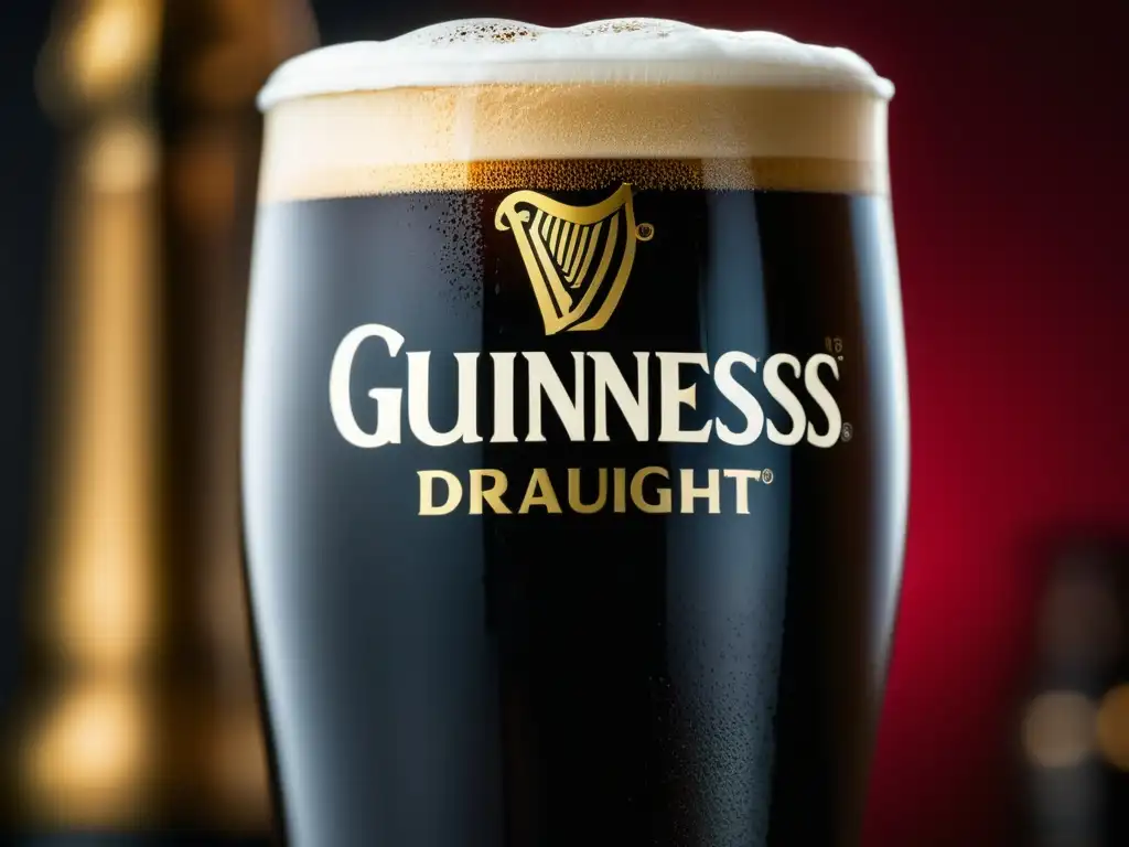 Pintura de Guinness Draught con espuma cremosa, color rojo rubí y burbujas nítidas