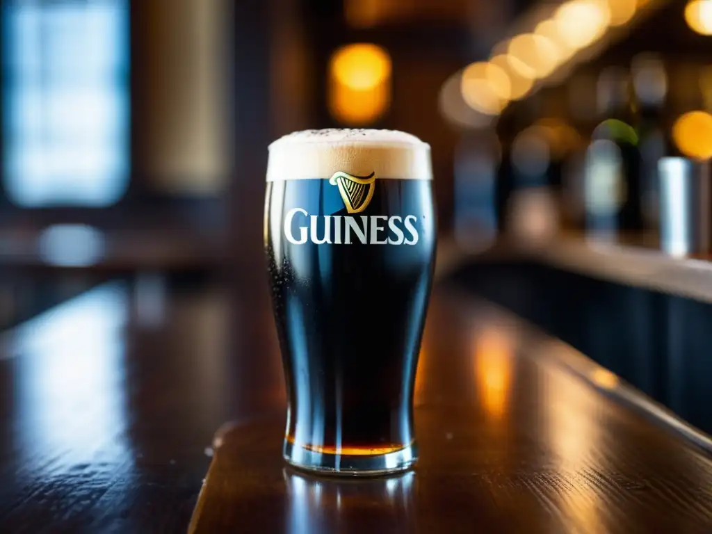 Pint of Guinness beer on wooden bar counter