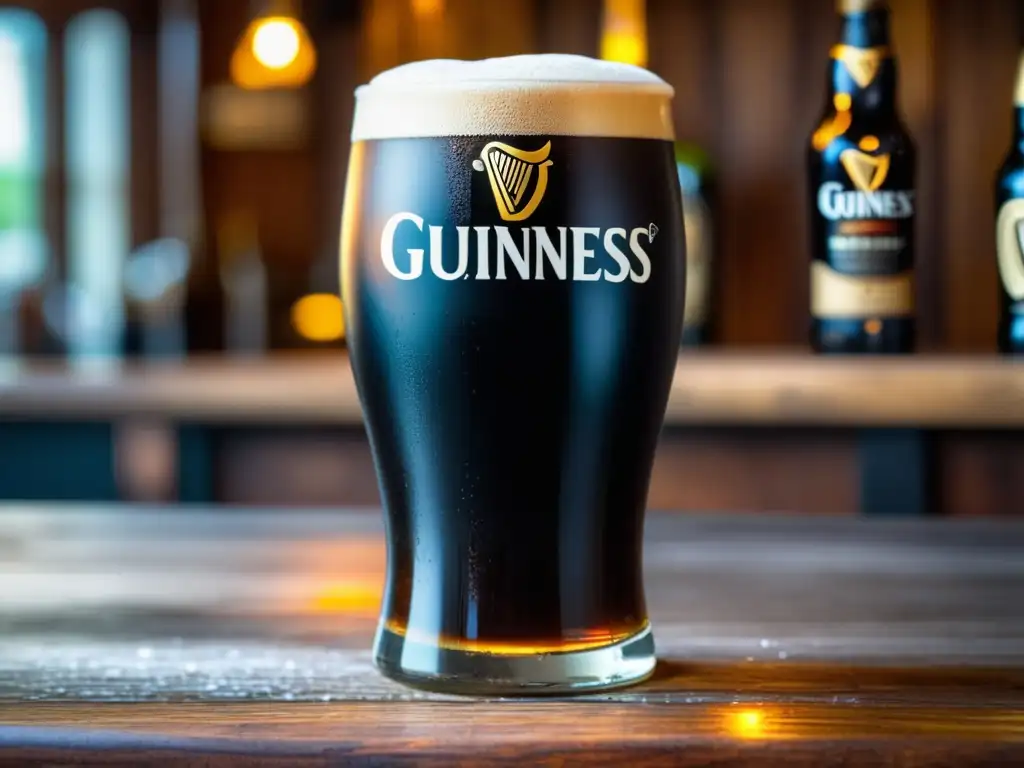 Una espectacular imagen de una pinta perfectamente servida de cerveza Guinness en un bar rústico