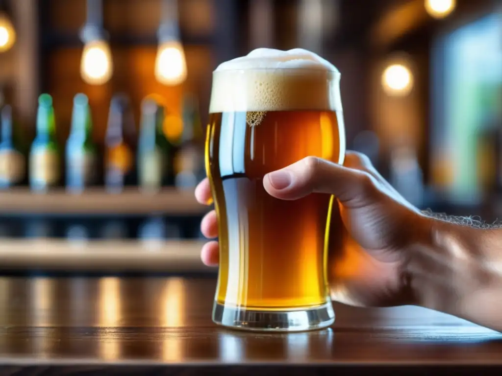 Mano sosteniendo cerveza artesanal dorada con espuma, sobre mesa de madera, con fondo borroso de botellas y equipos de elaboración