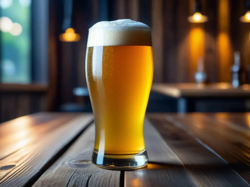 Cerveza Hazy IPA en vaso de cristal con detalles vibrantes y espuma coronada (110 caracteres)