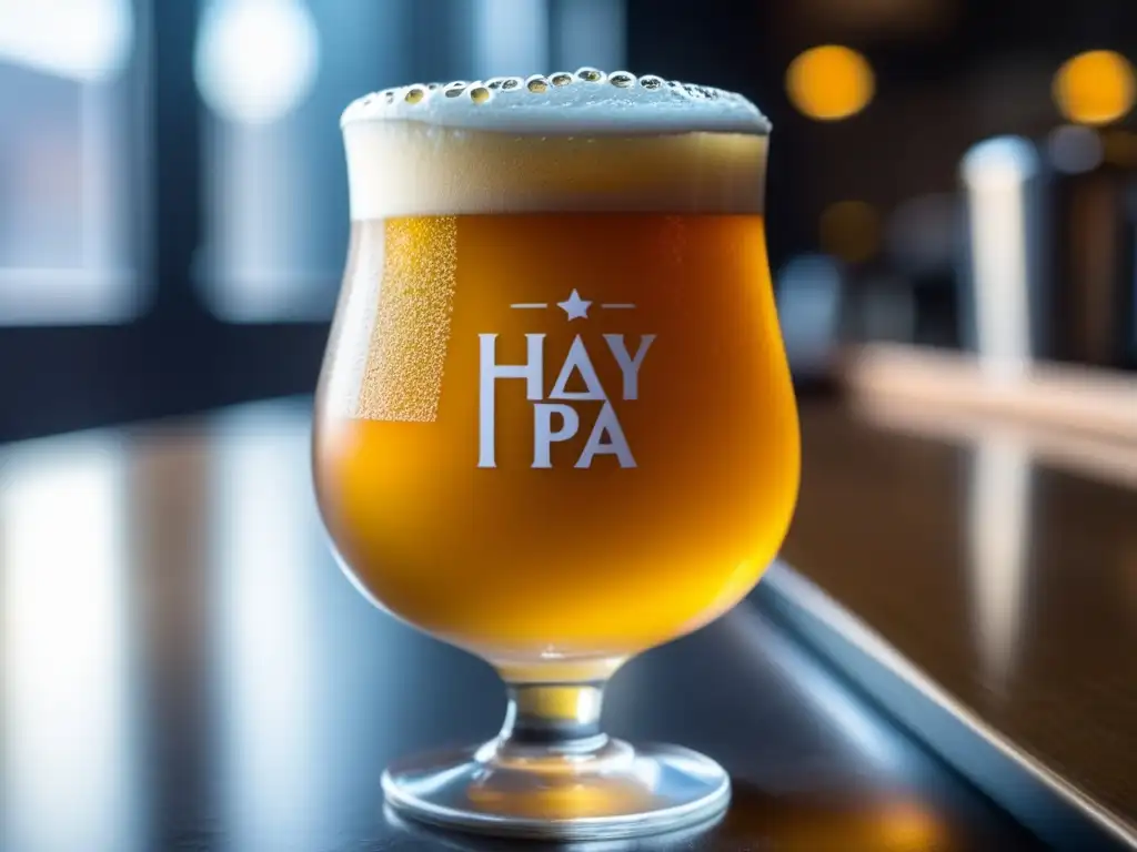 Cerveza Hazy IPA en copa tulipán, líquido dorado con espuma abundante y burbujas efervescentes