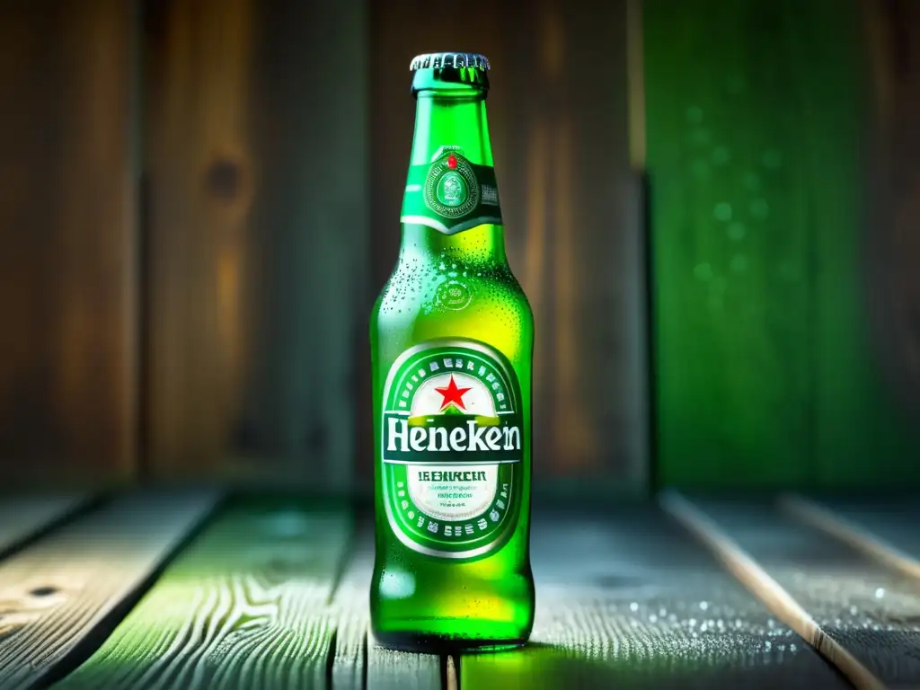 Botella de cerveza Heineken verde helada con detalles y logo intrincados en superficie de madera