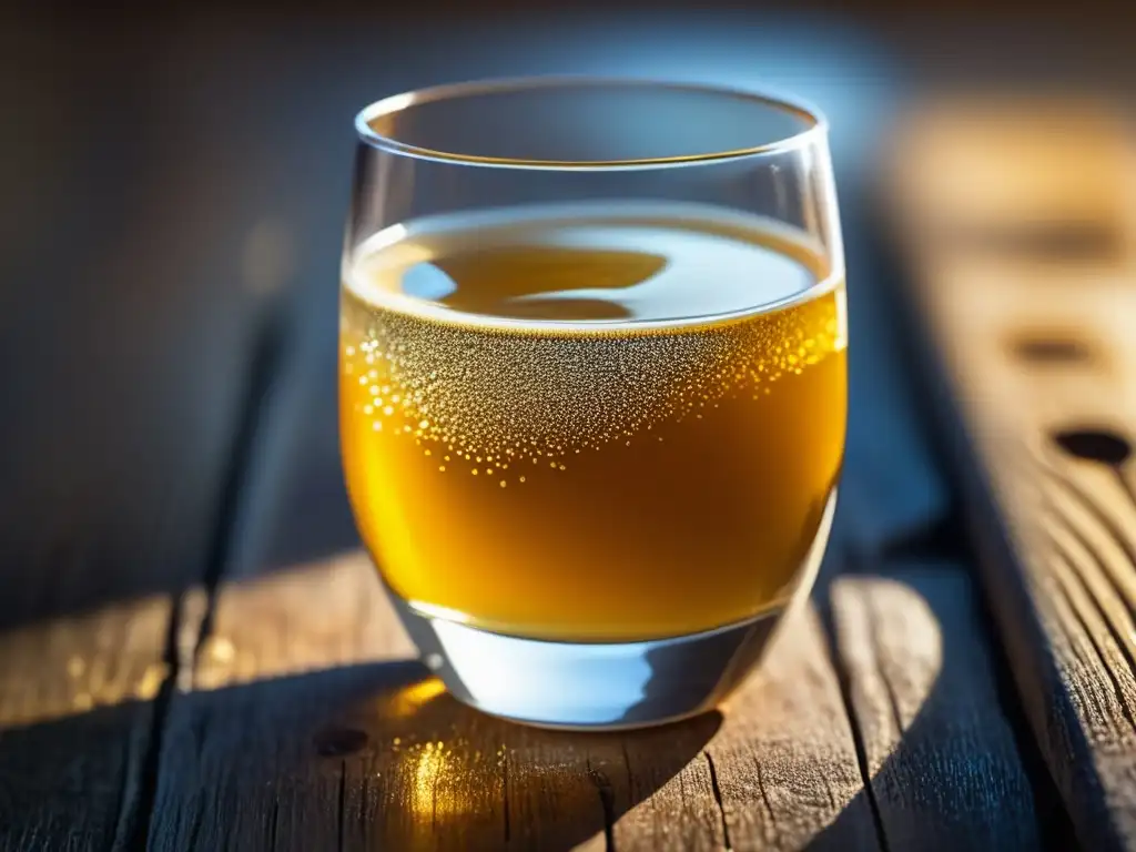 Imagen de hidromiel dorada en vaso, elegante y con detalles de burbujas y reflejos