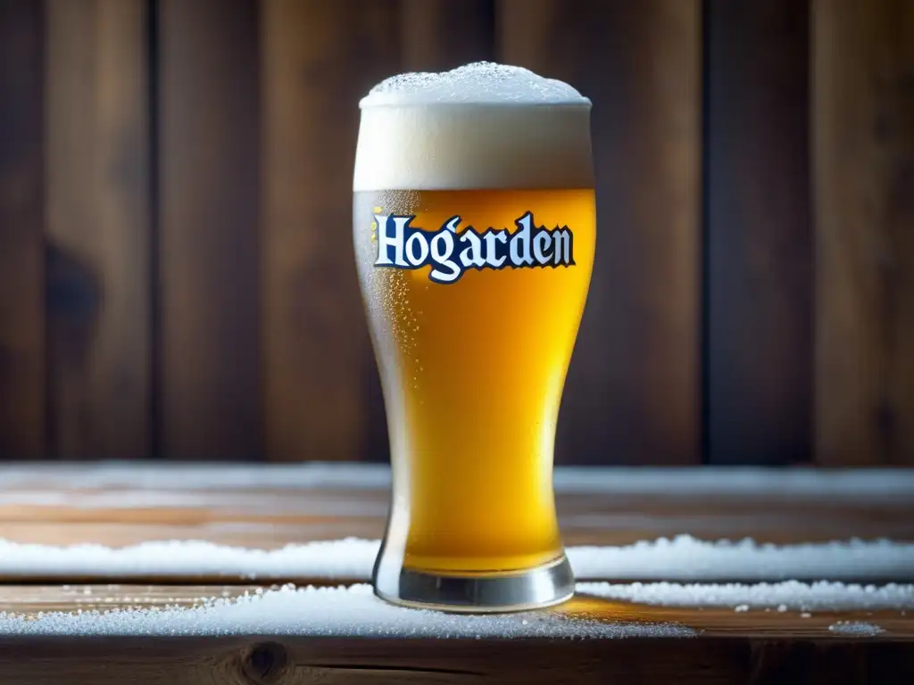 Una imagen detallada de una copa de cerveza Hoegaarden White helada, sobre una mesa de madera rústica