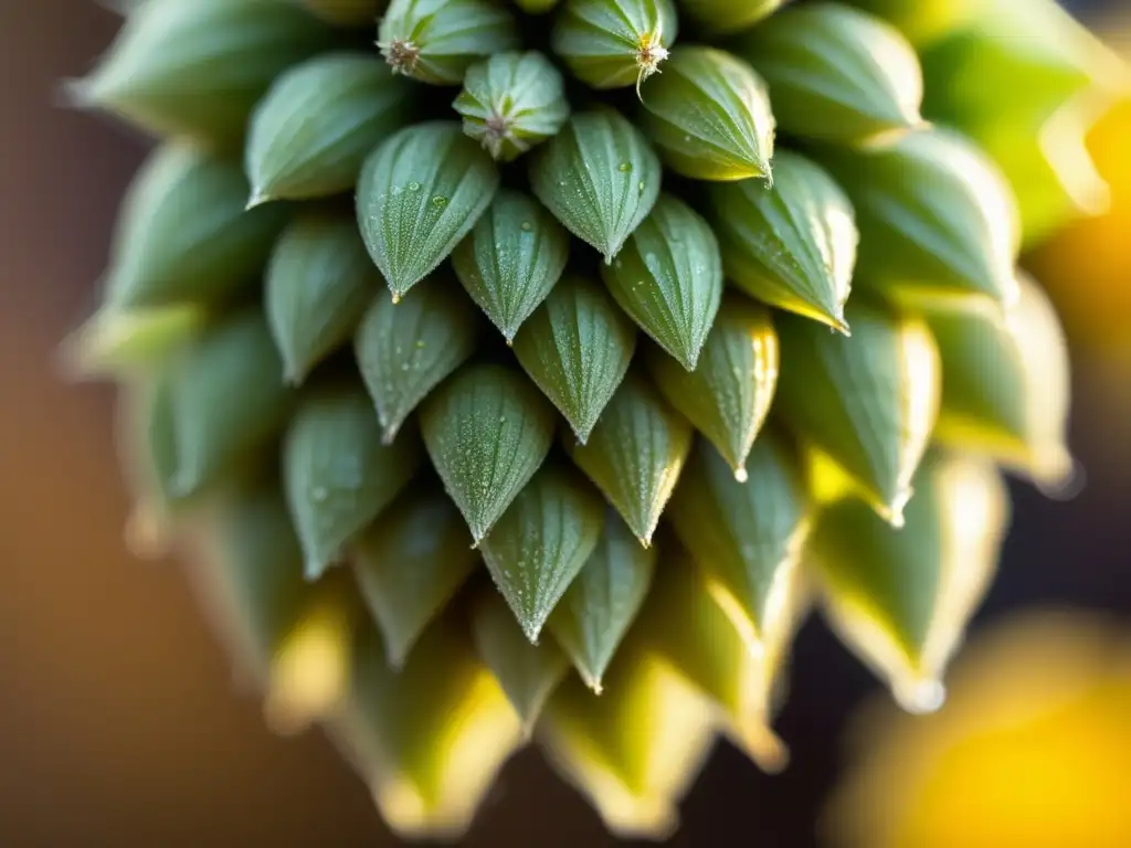 Hop cone fresco, detalles delicados de pétalos y lupulinas doradas