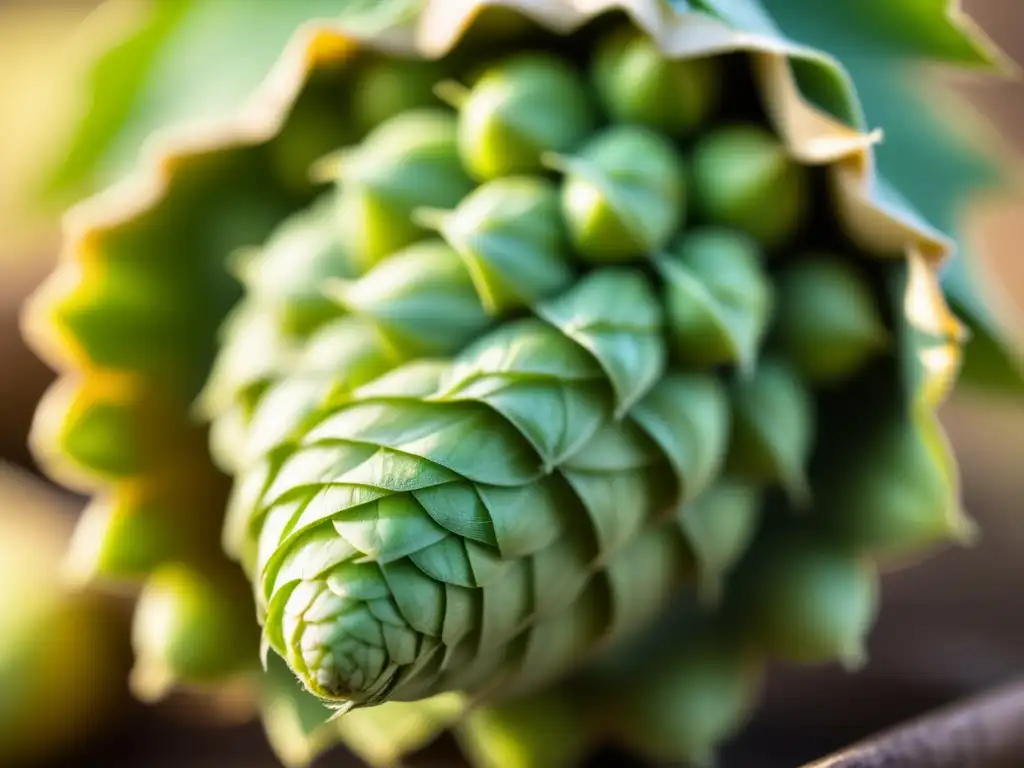 Hop cone fresca de Harvest Ale en detalle, resaltando su color verde vibrante y detalles intrincados