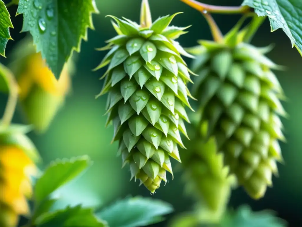 Hop cones in vibrant shades of green and yellow, showcasing their unique shapes and textures