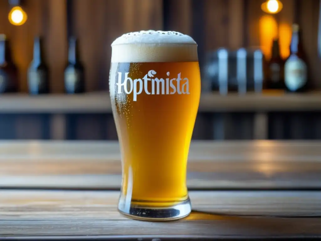 Imagen detallada de una copa de Edge Brewing Hoptimista Saison en una mesa de madera rústica