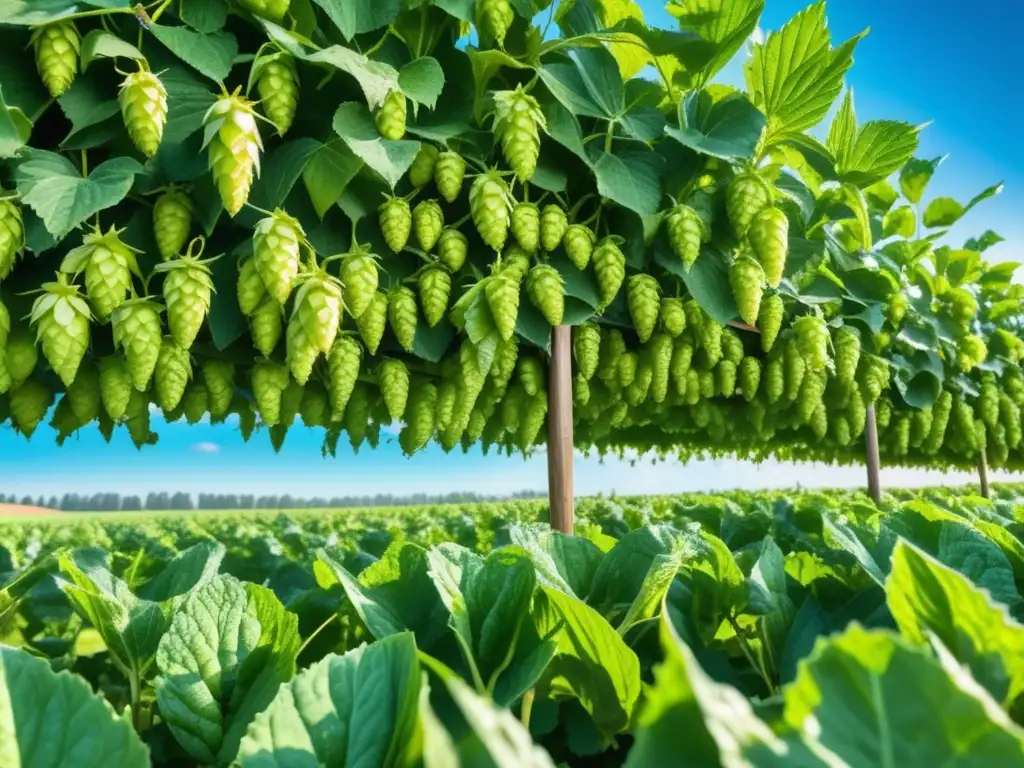 Un campo de lúpulo verde y exuberante bajo un cielo azul claro, representando la sostenibilidad en la producción de cerveza