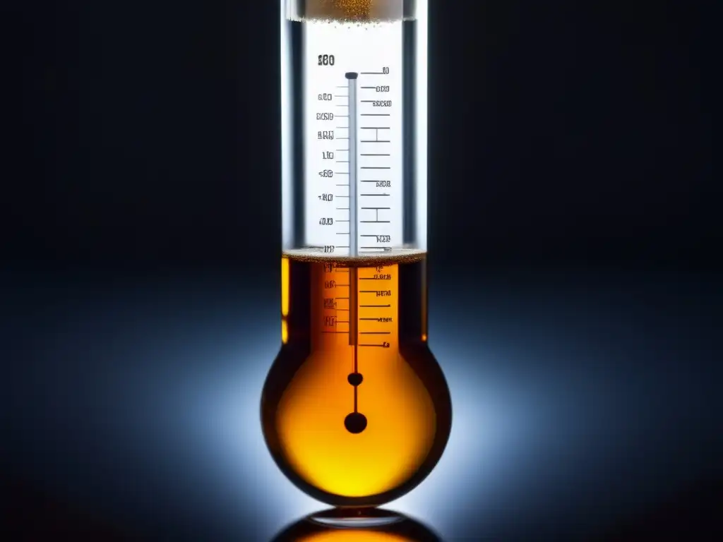 Términos técnicos: Hydrometer flotando en líquido ámbar oscuro, detalle y contraste, densidad original en proceso de fermentación