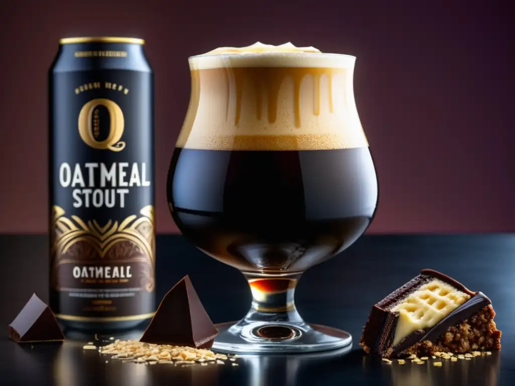 Stout de Avena y Postres de Chocolate en imagen ultradetallada 8K, elegante, con cerveza negra y deliciosos dulces