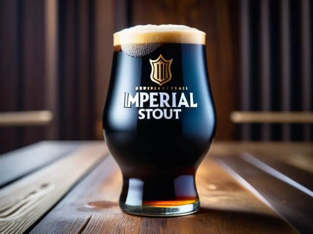 Cerveza The Abyss Imperial Stout: intensa, oscura y cremosa en un vaso sobre mesa de madera