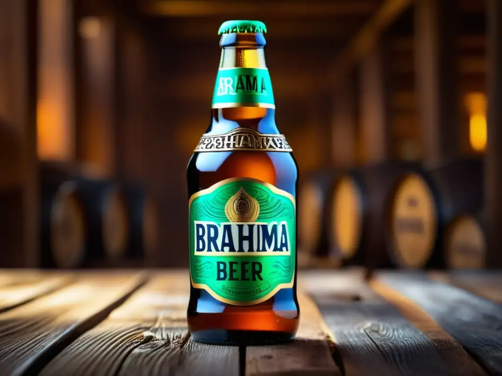 Imagen de la cerveza Brahma en una mesa de madera rustica