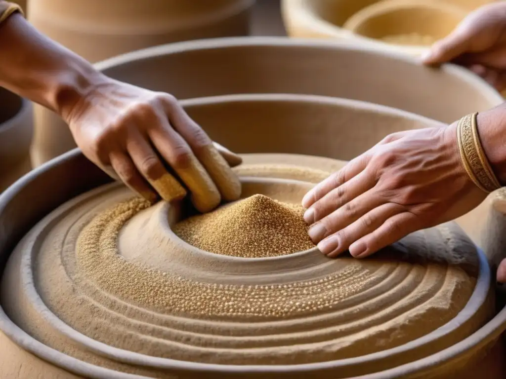 Brewing process in ancient Sumeria: skilled hands mixing barley in ornate clay vat (Babilonia y Sumeria)