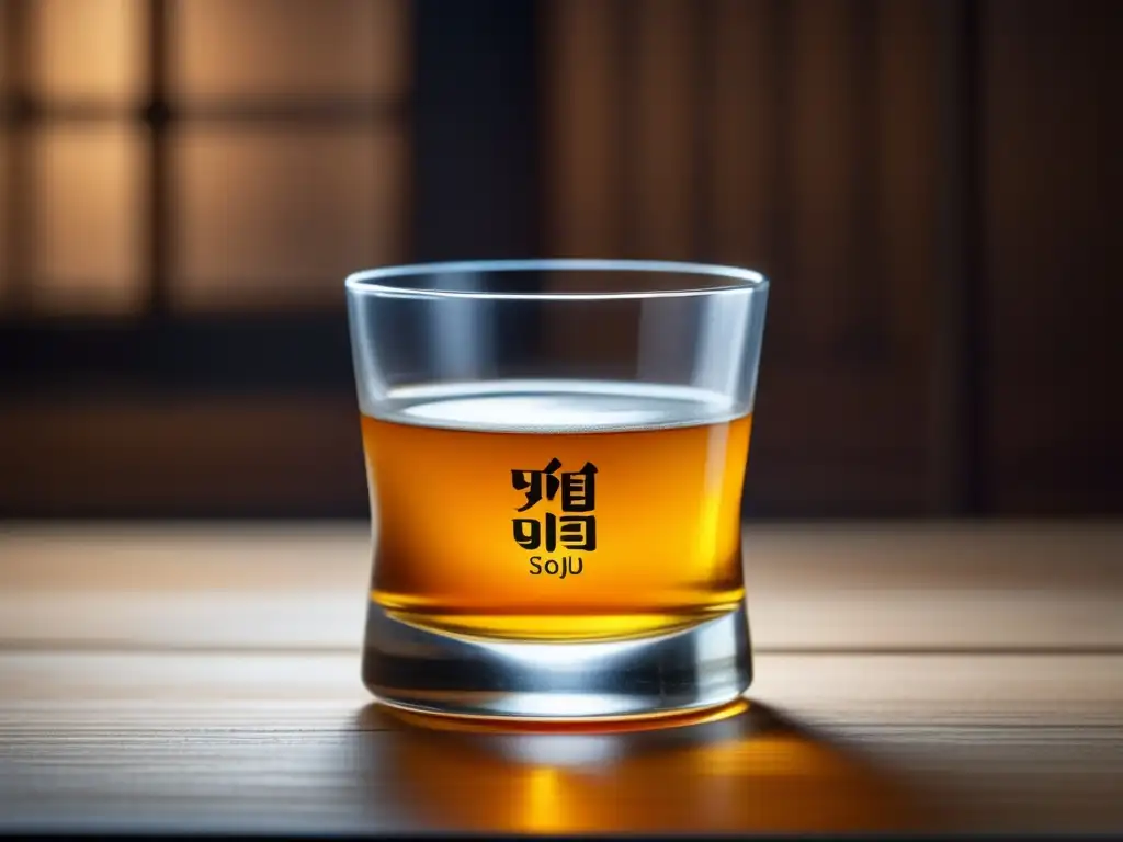 Imagen impactante de un vaso de soju cristalino, resaltando su color ámbar y burbujas, en una mesa de madera