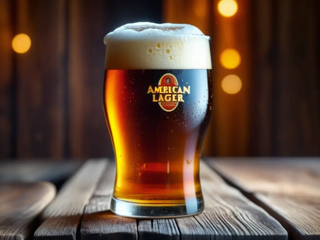 Cerveza American Amber Lager en vaso de vidrio, con color ámbar intenso y espuma abundante