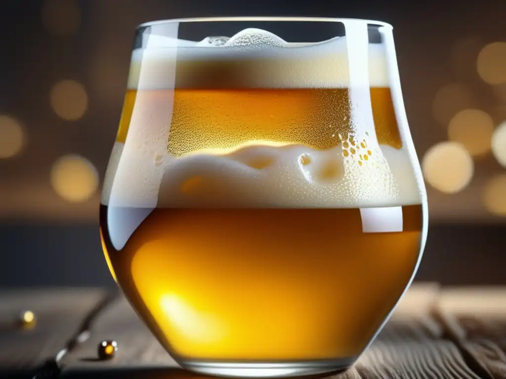 Cerveza artesanal con espuma cremosa y carbonatación, en un vaso rodeado de ingredientes de cerveza