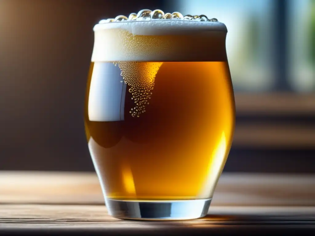 Cerveza artesanal en vaso de vidrio con iluminación natural: detalle y elegancia