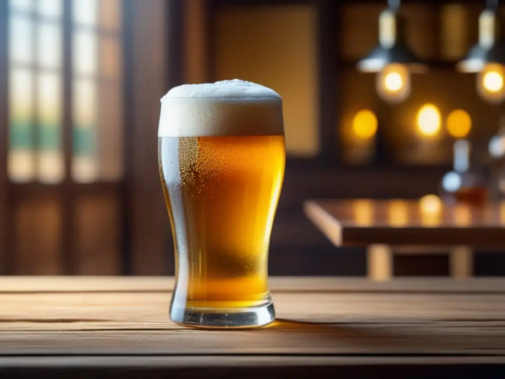 Las Raíces de la Cerveza: Detallada imagen de una cerveza espumosa en una mesa de madera, resaltando los tonos dorados y la carbonatación