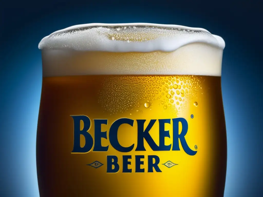 Detalles impresionantes de la cerveza Becker: vidrio lleno con líquido dorado, espuma perfecta y burbujas hipnotizantes