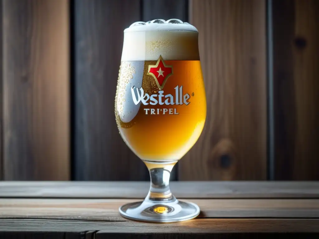 Cerveza Westmalle Tripel en vaso, con burbujas y condensación, sobre mesa de madera rústica