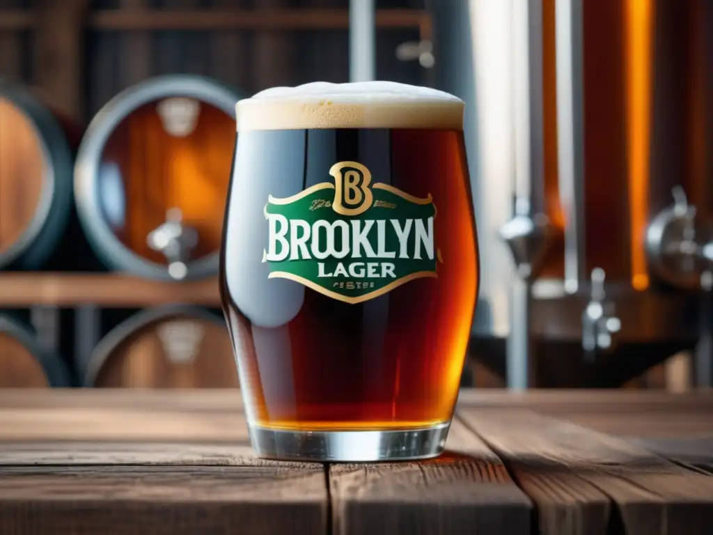 Cerveza Brooklyn Lager ámbar de calidad con detalles ultradetallados en mesa de madera rústica -