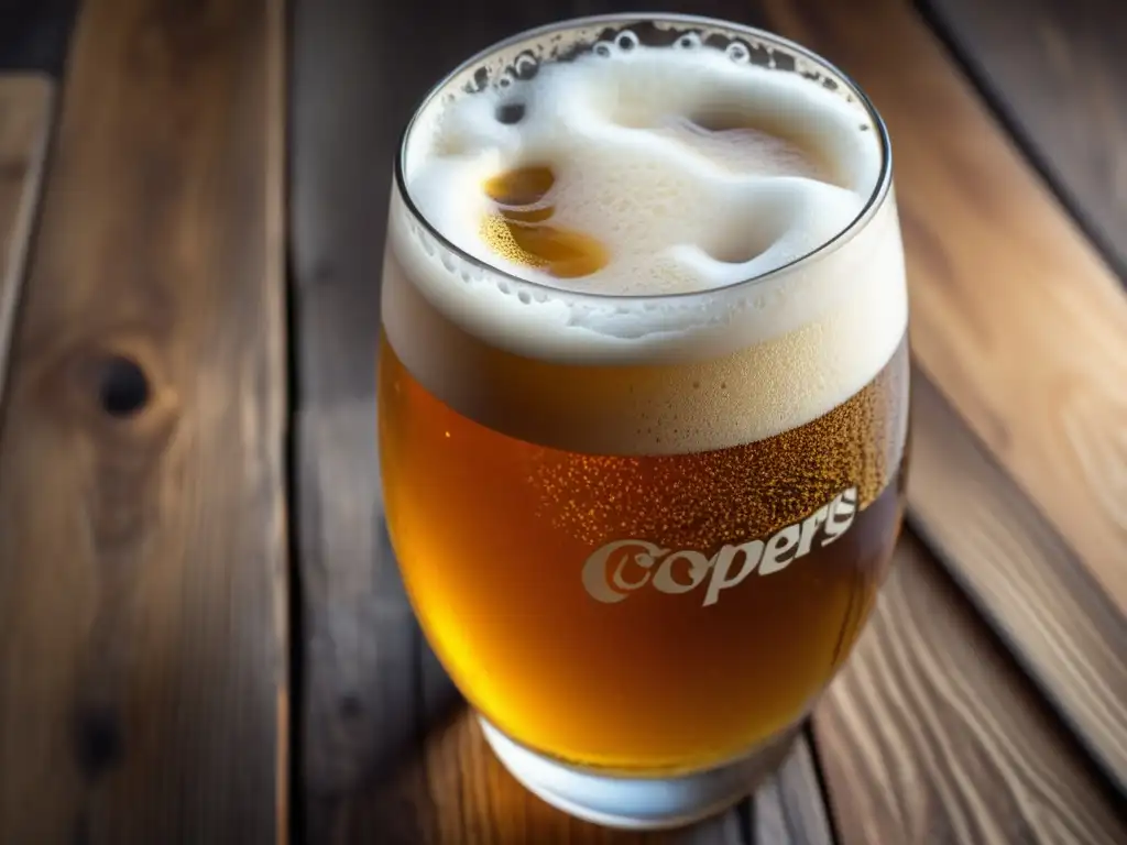 Cerveza Coopers: imagen detallada de una copa de cerveza dorada y espumosa sobre una mesa de madera rústica