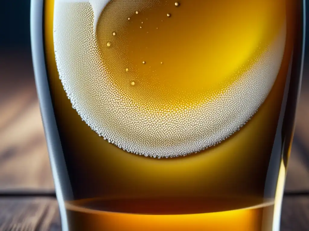 Cerveza dorada con burbujas y espuma en vidrio sobre mesa de madera - De la Malta al Vaso