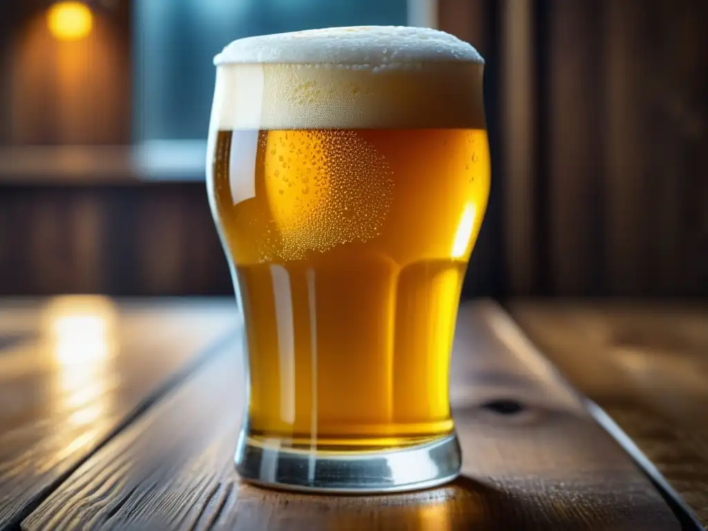 Cerveza Lager dorada en vaso, con condensación, espuma cremosa y detalles de la fábrica