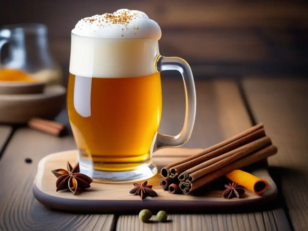 Cerveza con especias en mesa de madera: rica espuma, color ámbar, especias vibrantes, luz suave