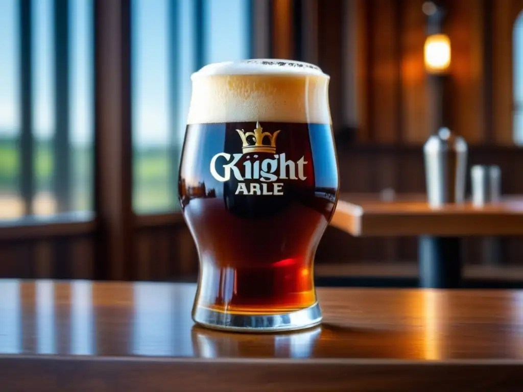 Vaso de Imperial Red Ale en mesa de madera, con espuma cremosa y detalles de carbonatación, resaltando colores ámbar y rojizos