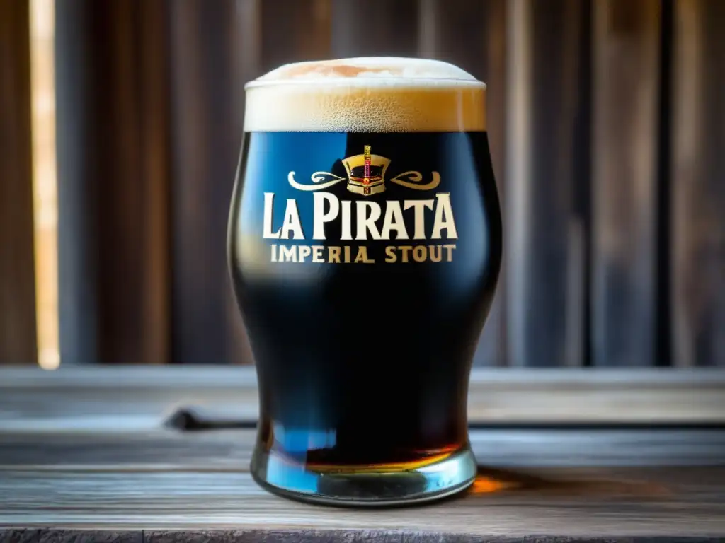 Cerveza La Pirata Black Block Imperial Stout, opulenta y misteriosa, con espuma cremosa y burbujas visibles