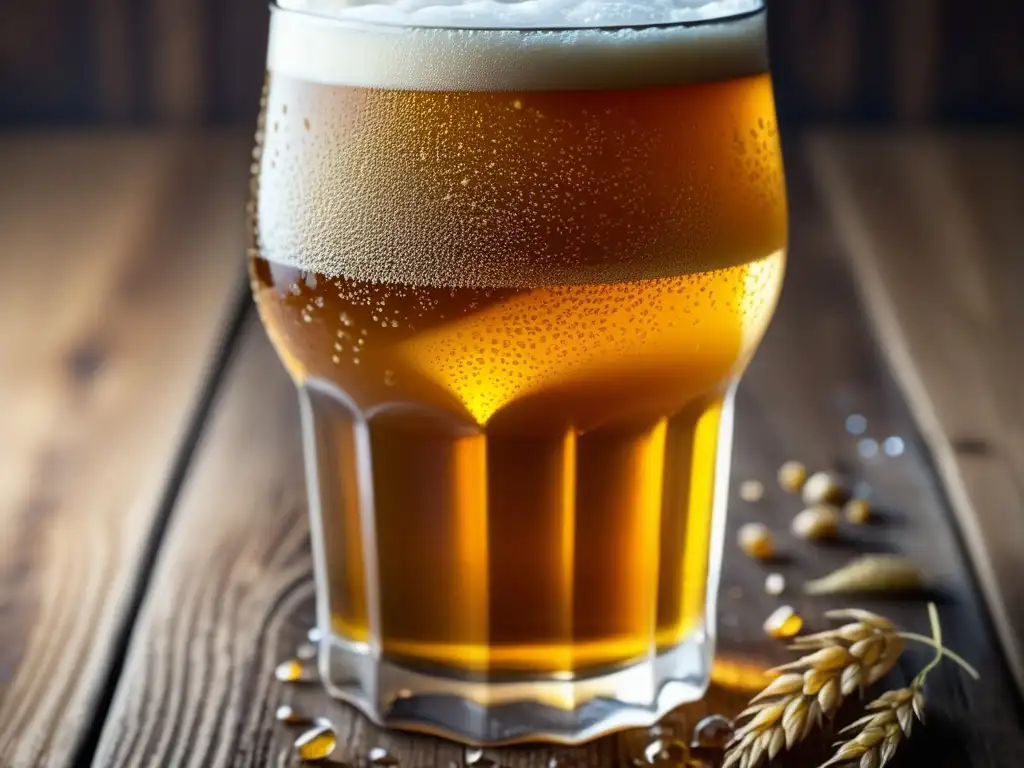 Cerveza Lager del mundo con condensación, grano y lúpulo en mesa rústica