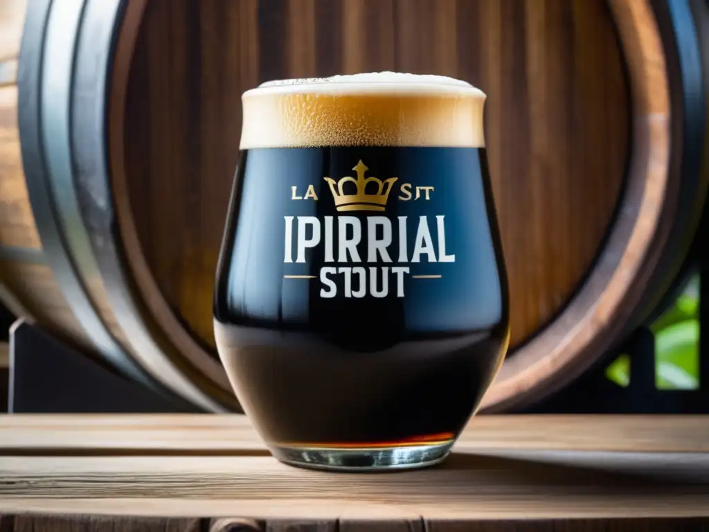 Vaso de Imperial Stout oscuro y cremoso sobre barril de madera, resaltando sus colores y textura