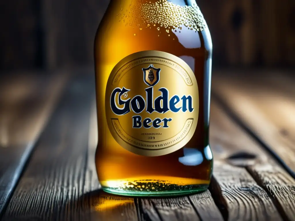 Botella de cerveza con líquido dorado y etiqueta 