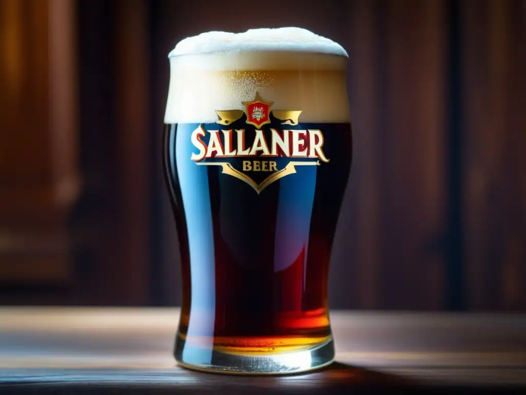 Cerveza oscura Paulaner Salvator Doppelbock de Cuaresma en vaso de cristal grabado