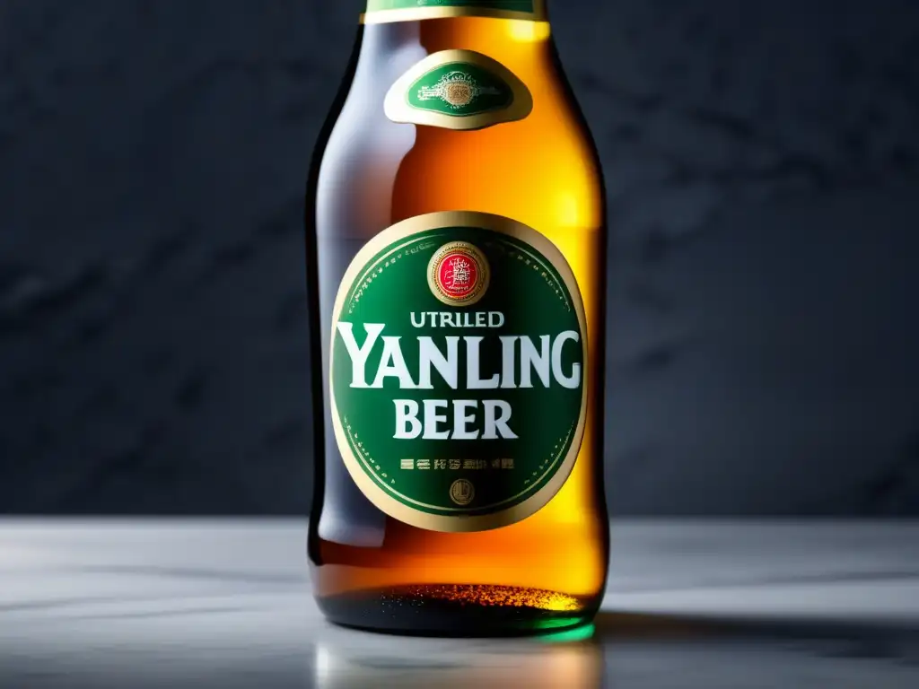 Cerveza Yanjing en mármol Botella de cerveza Yanjing en mármol, con gotas y etiqueta brillante