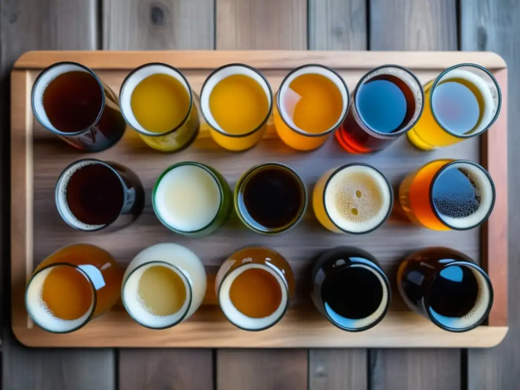 Notas de Sabor: Cervezas variadas en una mesa de madera, con colores vibrantes y acabado mate