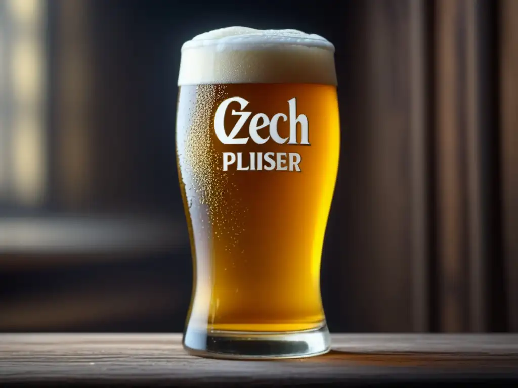 Imagen 8k de una cerveza Pilsner checa en vaso tradicional, destacando la calidad y el ambiente de la cultura cervecera en Pilsen