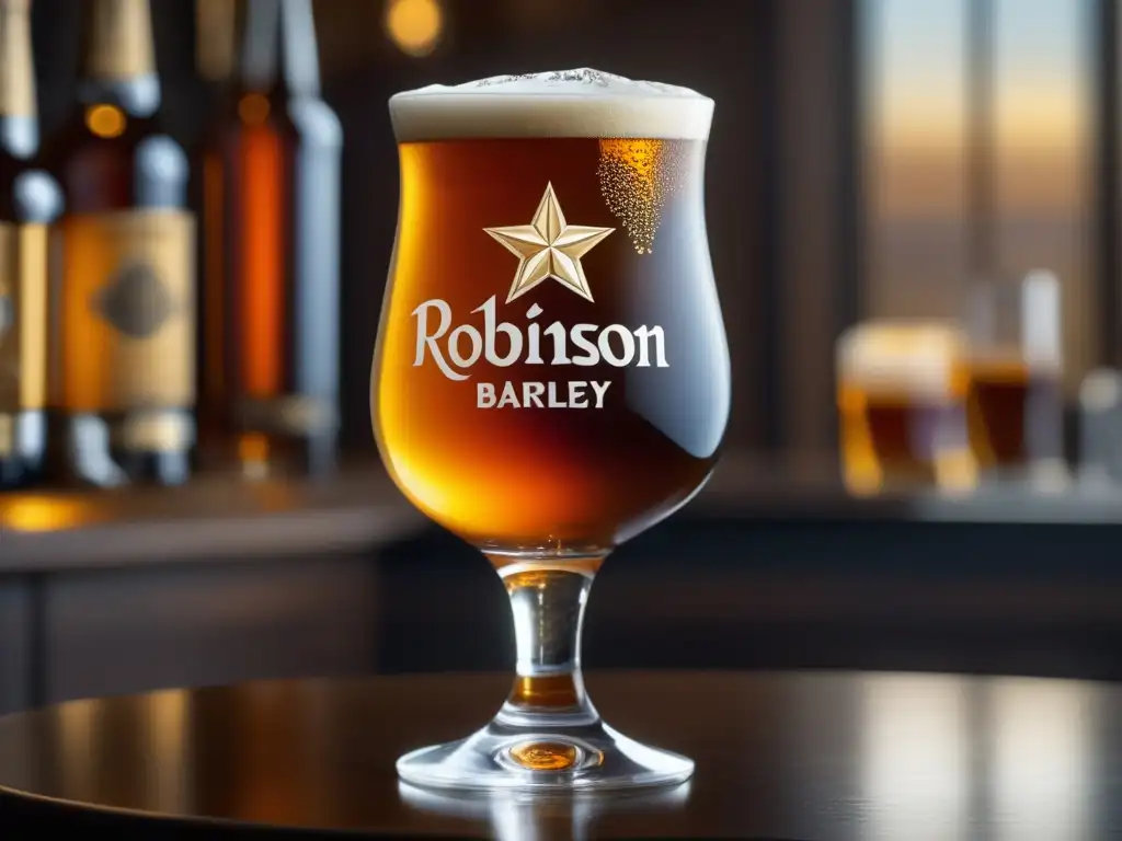 Barleywine Robinson's Old Tom en vaso de cristal con diseño intrincado, reflejos y burbujas