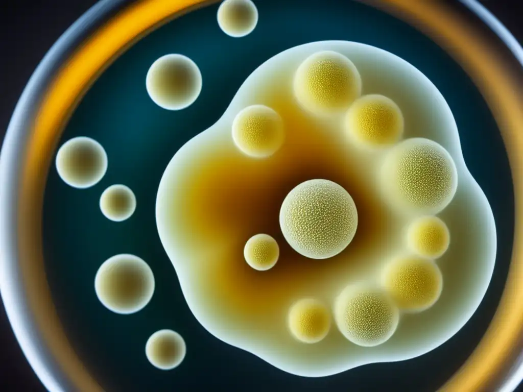 Yeast en fermentación: detalle microscópico de células en actividad, creando burbujas de CO2 para la fermentación - función de la levadura