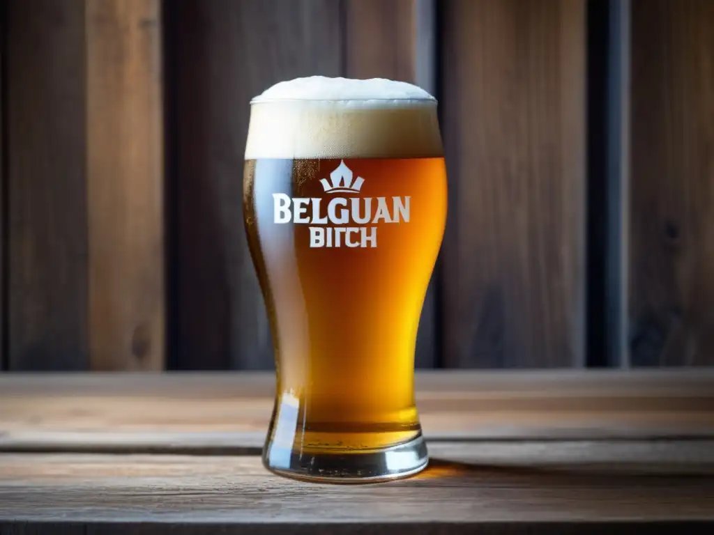 Cerveza Belgian IPA en vaso de vidrio, espuma cremosa y detalles macro (110 caracteres)