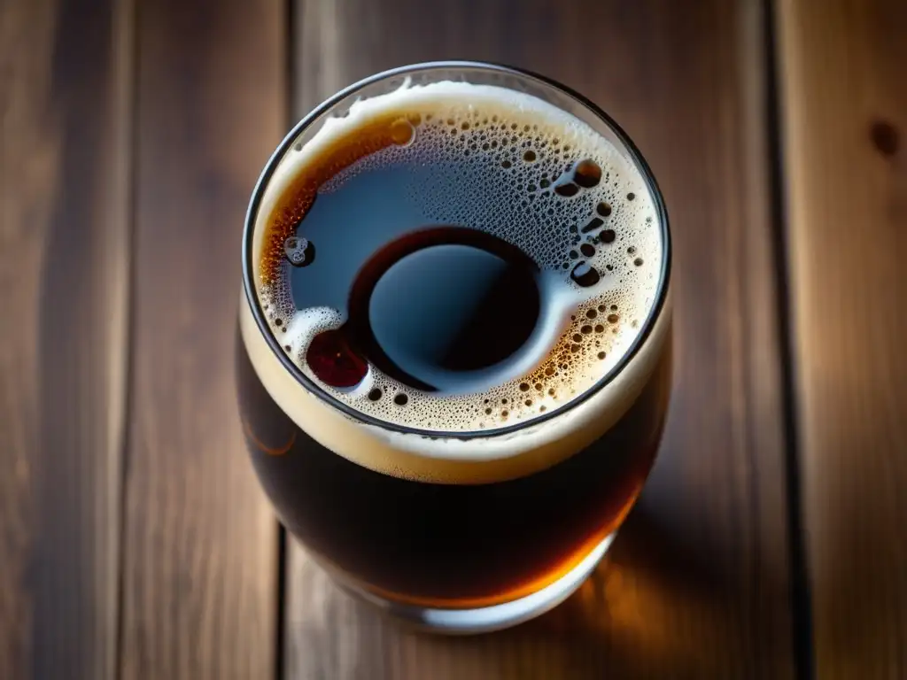 Imagen de una cerveza oscura 'Dark Lager' en vaso de vidrio sobre mesa de madera